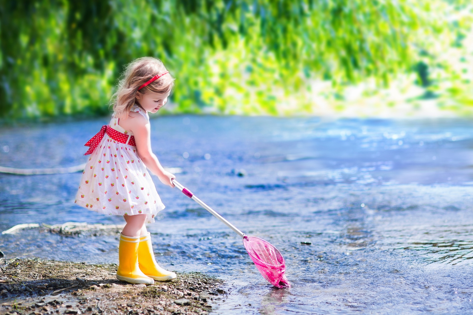A young girl in a strawberry print dress and yellow rain boots uses a pink net to play in shallow water, enjoying a sunny, outdoor setting.