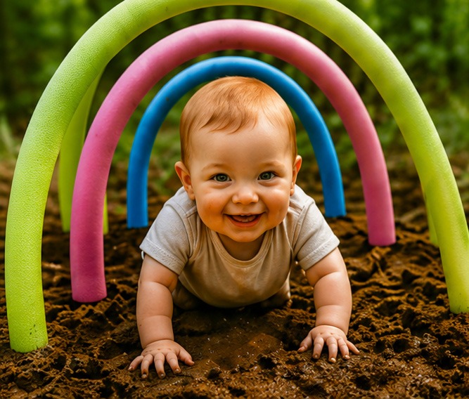 Smiling baby crawling through colorful rainbow arches on a muddy outdoor play area, developing motor skills through active exploration.