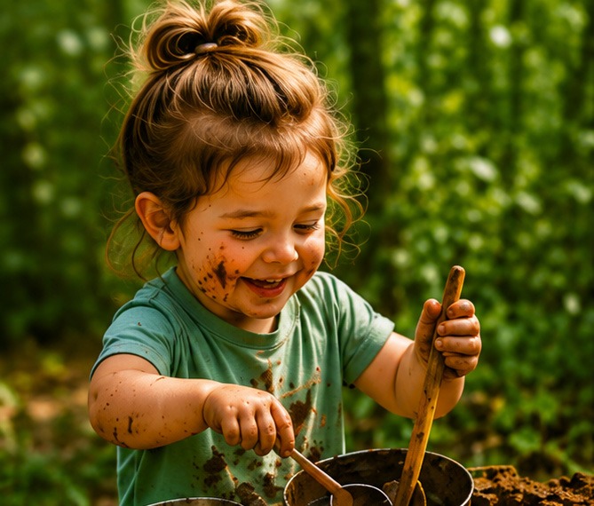 Young child happily mixing mud in a mud kitchen outdoors, using wooden utensils and pots during nature-based sensory play.