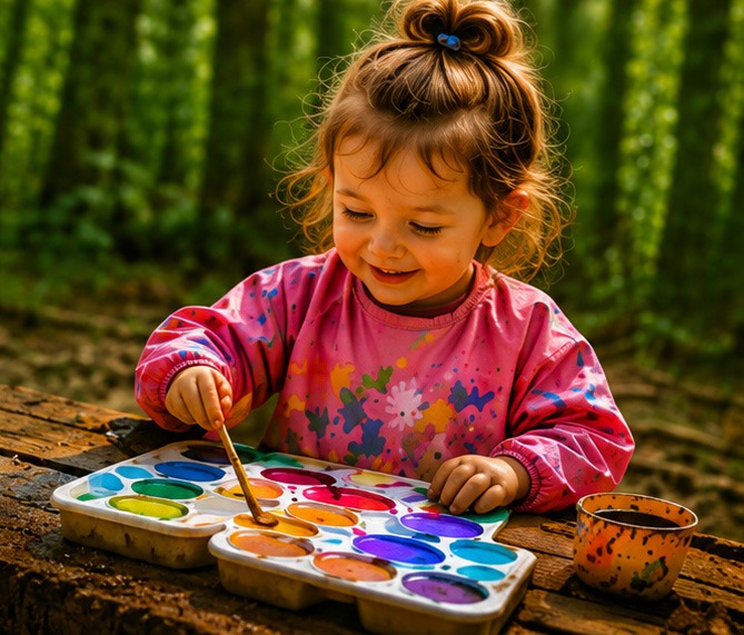 Young child painting with watercolors at an outdoor table surrounded by nature, enjoying creative sensory play and artistic exploration.