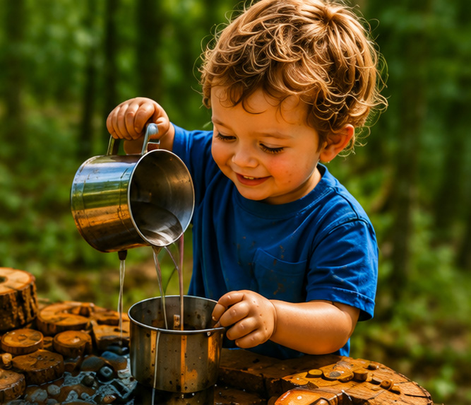 Toddler pouring water from a metal pitcher into a pot at an outdoor water play station in a forest preschool setting.